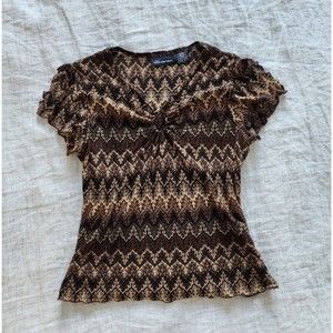 y2k brown flutter sleeve lettuce hem top! small